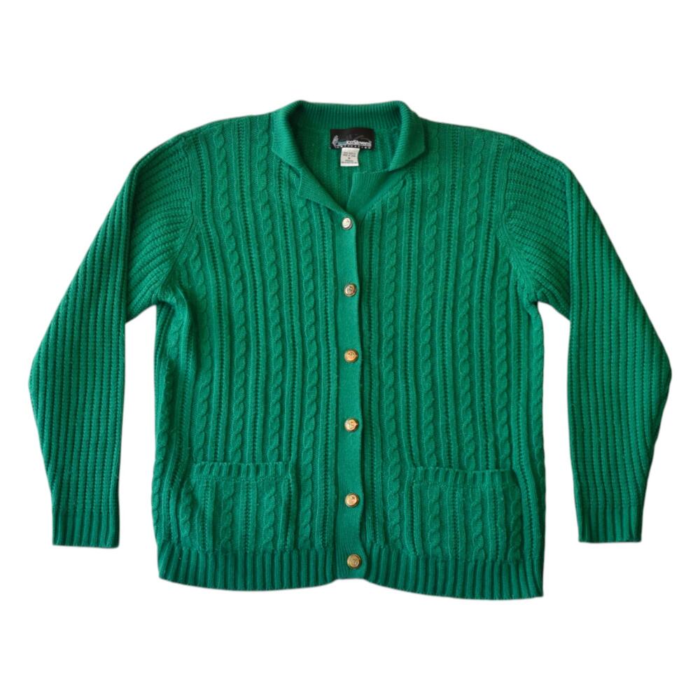 VTG 90s Kelly Green Cable Knit Cardigan Gold Crest Buttons Medium Oversized